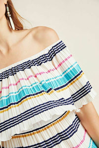 Anthropologie Women's On-Off Shoulder Striped A-Line Pleated Mini Dress – XL