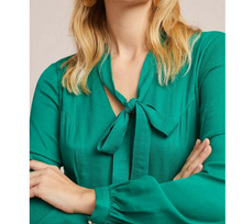 Load image into Gallery viewer, Anthropologie Dress Womens 10 Green V-Neck Pussy Bow Tie Long Sleeve A-Line