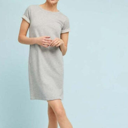 Anthropologie Dress Womens Medium Gray Short Sleeve Cotton Fleece Tunic Mini