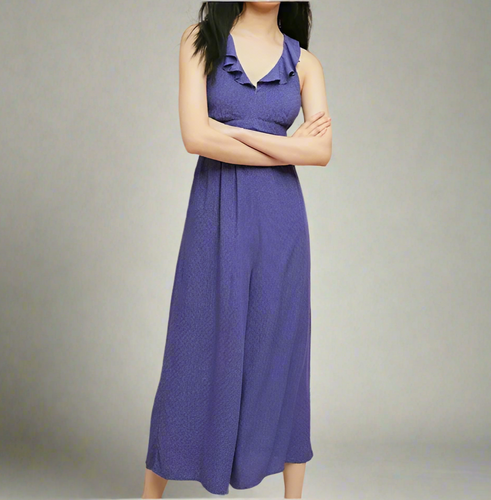 Anthropologie Jumpsuit Womens 10 Blue Wide Leg Crop V-Neck Polkadot Ruffle