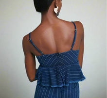 Load image into Gallery viewer, Anthropologie Jumpsuit Womens Blue Denim Sleeveless Peplum Ruffled Striped