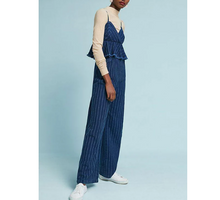 Load image into Gallery viewer, Anthropologie Jumpsuit Womens Blue Denim Sleeveless Peplum Ruffled Striped