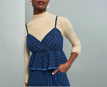 Load image into Gallery viewer, Anthropologie Jumpsuit Womens Blue Denim Sleeveless Peplum Ruffled Striped