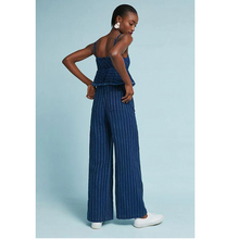 Load image into Gallery viewer, Anthropologie Jumpsuit Womens Blue Denim Sleeveless Peplum Ruffled Striped