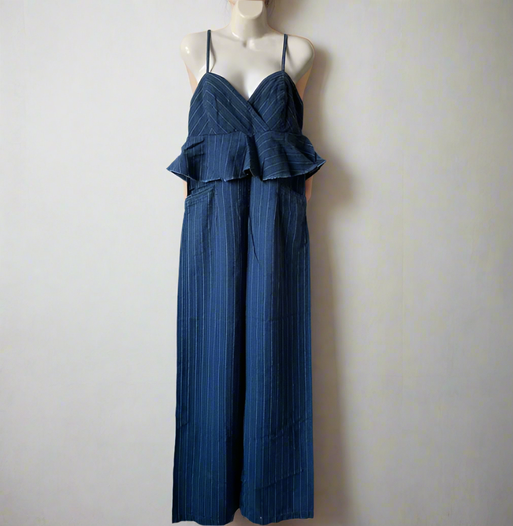 Anthropologie Jumpsuit Womens Blue Denim Sleeveless Peplum Ruffled Striped S / Regular