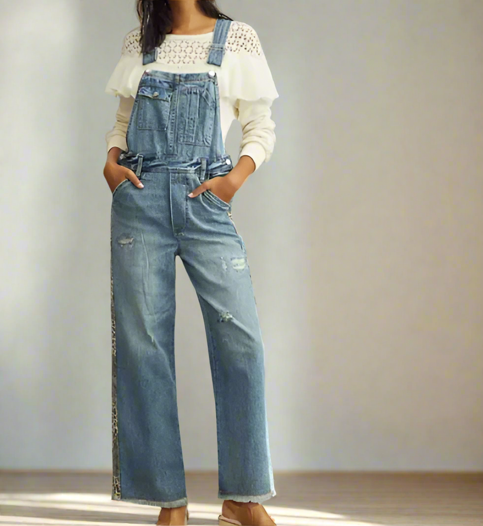 Anthropologie Overalls Womens Denim Flared Distressed Leopard Stripe Pilcro Lex