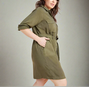 Anthropologie Shirt Dress Womens 1X Green Button Up Belted Khaki Utility Eryn