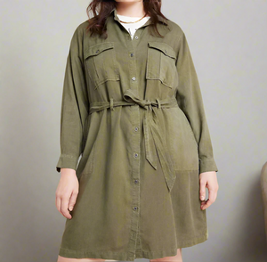 Anthropologie Shirt Dress Womens 1X Green Button Up Belted Khaki Utility Eryn