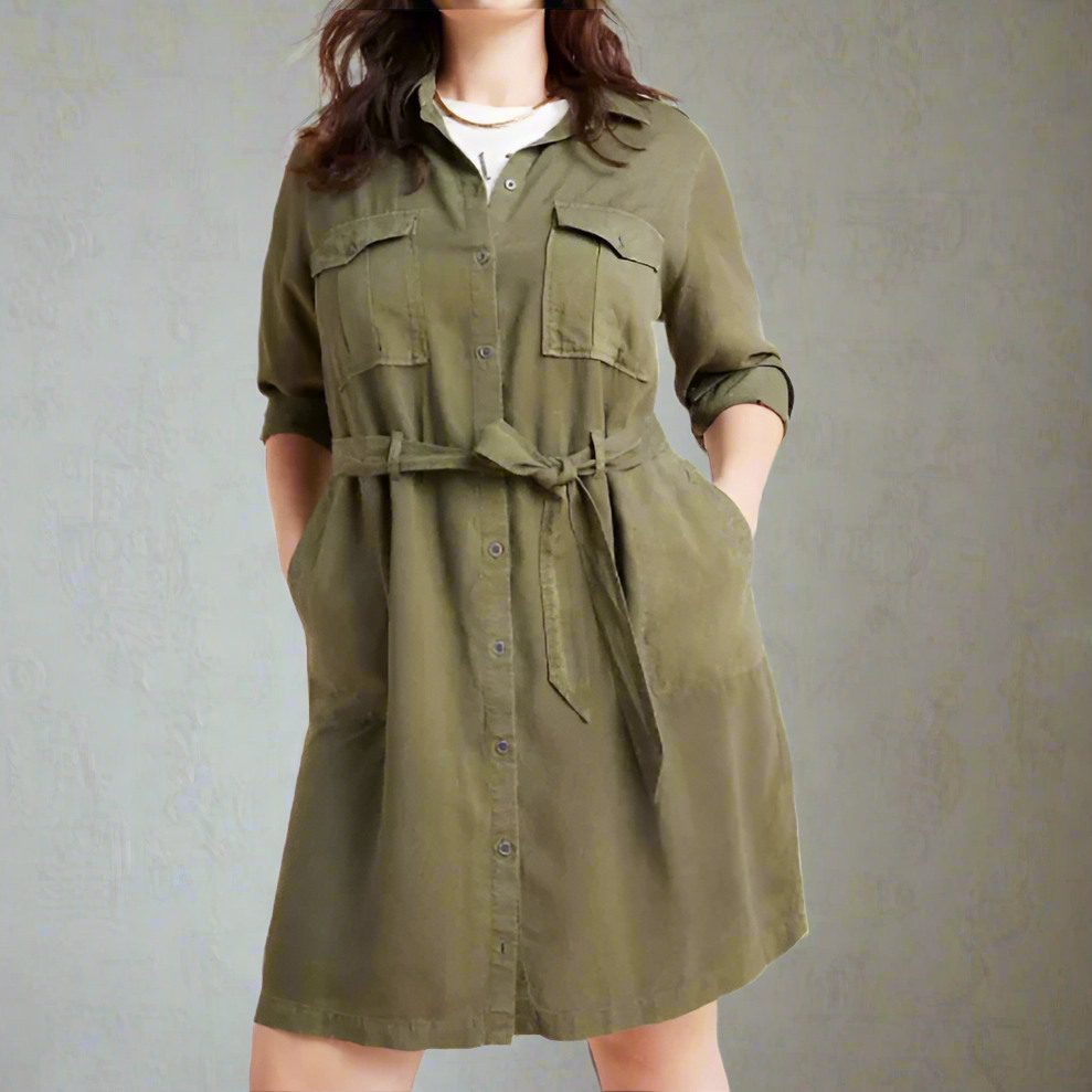 Anthropologie Shirt Dress Womens 1X Green Button Up Belted Khaki Utility Eryn