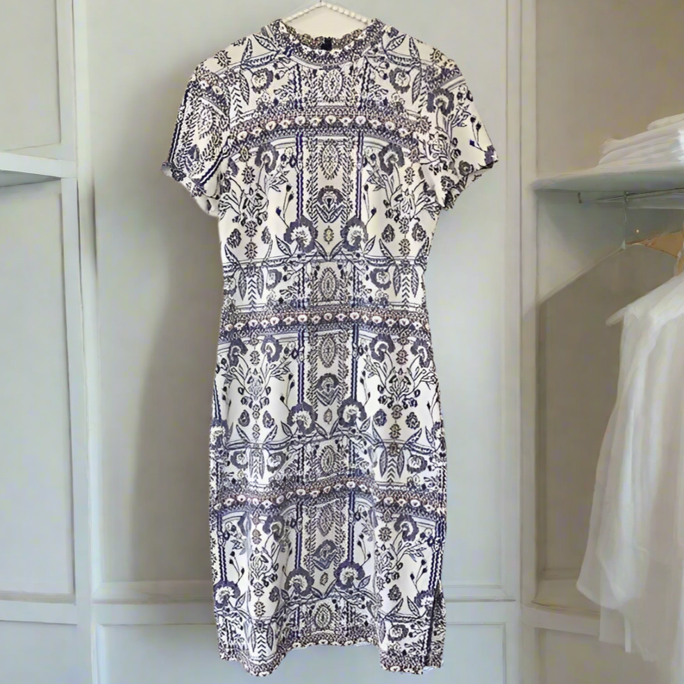 Anthropologie Dress Womens Large Petite Blue Mock Neck Short Sleeve Knit Midi Anthropologie Dress Womens Large Petite Blue Mock Neck Short Sleeve Knit Midi