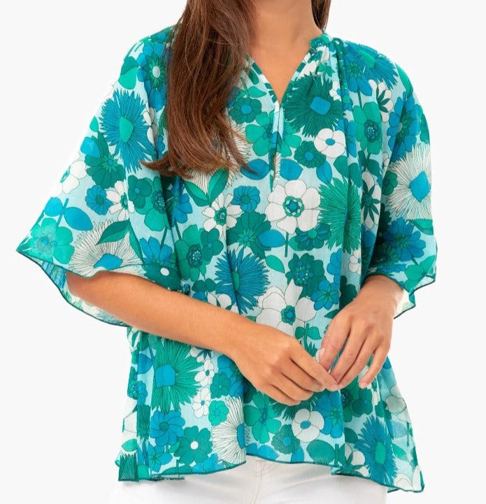 Antik Batik Shirt Womens Medium Blue Short Flutter Sleeve Floral Cotton Tunic Top