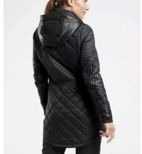 Athleta Bayview Hooded Coat Womens Large Petite Black Quilted Jacket Winter