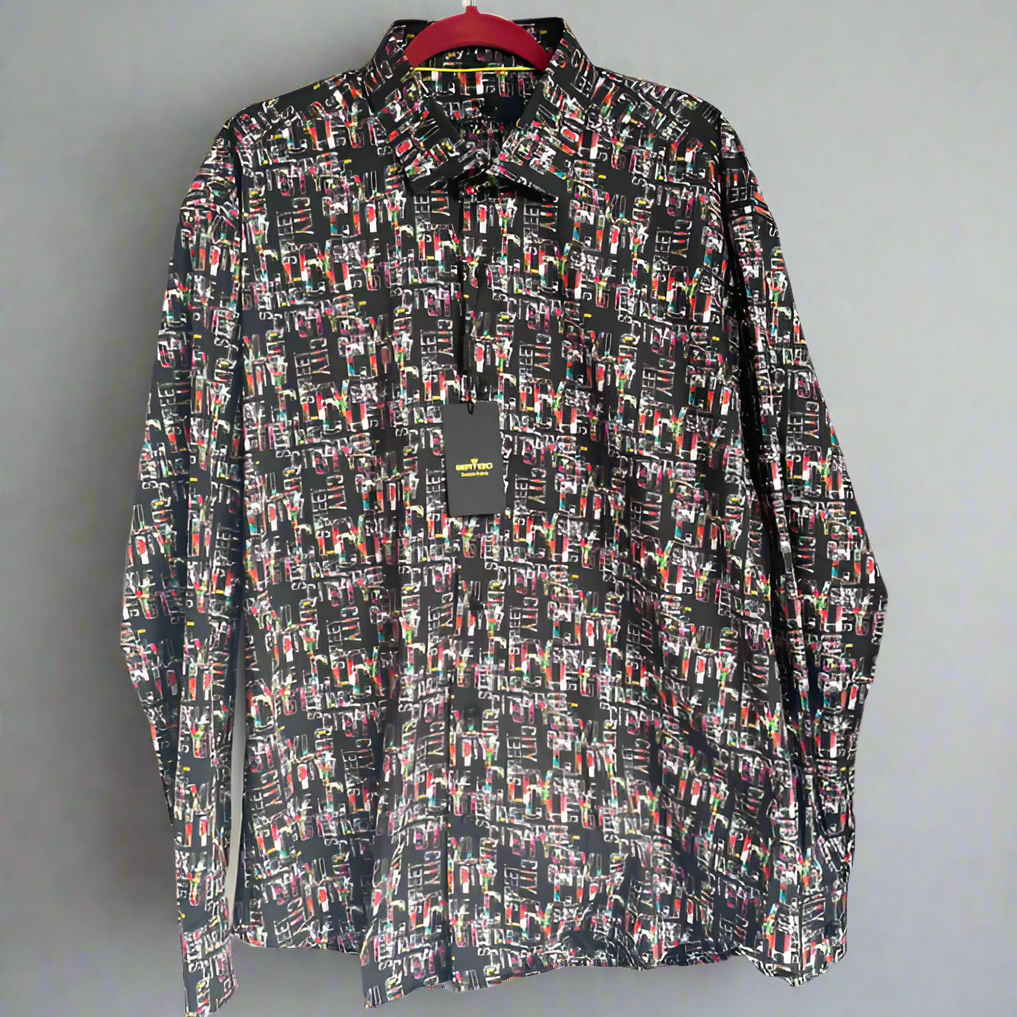 BERTIGO Dalan Shirt Mens 2XL XXL Black Multi Button Up City Dress Stretch