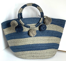 Load image into Gallery viewer, BTB Los Angeles Tote Womens Large Blue Striped Pompom Straw Beach Bag