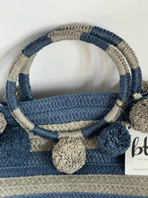 Load image into Gallery viewer, BTB Los Angeles Beach Tote Large Blue Striped Pompom Straw Bag
