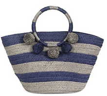 Load image into Gallery viewer, BTB Los Angeles Tote Womens Large Blue Striped Pompom Straw Beach Bag