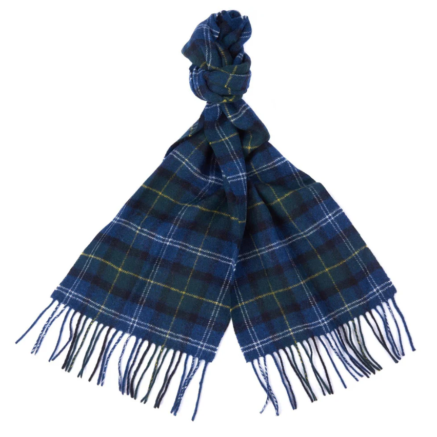 Barbour Tartan Plaid Lambswool Scarf Mens Blue Long Fringed Classic Seaweed