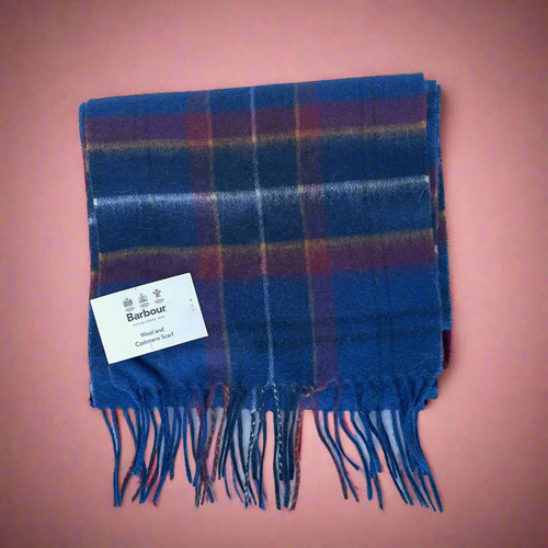 Barbour Tartan Plaid Wool Cashmere Scarf Blue Red Long Fringed Classic Unisex