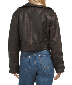 BlankNYC Moto Crop Jacket Womens Brown Vegan Faux Leather Vintage Distressed