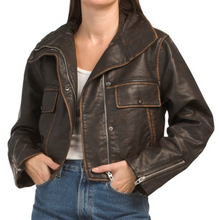 Load image into Gallery viewer, BlankNYC Moto Crop Jacket Womens Brown Vegan Faux Leather Vintage Distressed