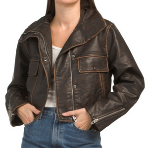 BlankNYC Moto Crop Jacket Womens Brown Vegan Faux Leather Vintage Distressed