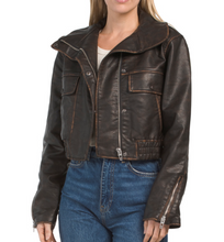 Load image into Gallery viewer, BlankNYC Moto Crop Jacket Womens Brown Vegan Faux Leather Vintage Distressed