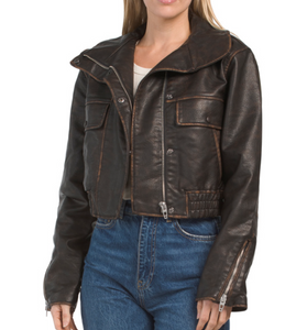 BlankNYC Moto Crop Jacket Womens Brown Vegan Faux Leather Vintage Distressed