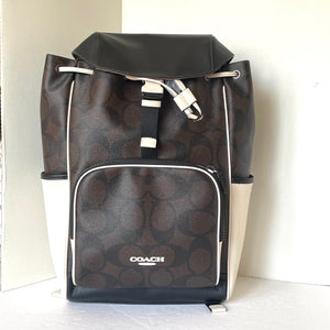 COACH CY775 Racer Backpack Blocked Signature Canvas Leather Walnut Chalk