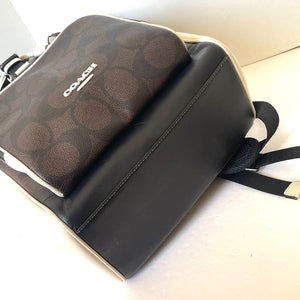 COACH CY775 Racer Backpack Blocked Signature Canvas Leather Walnut Chalk