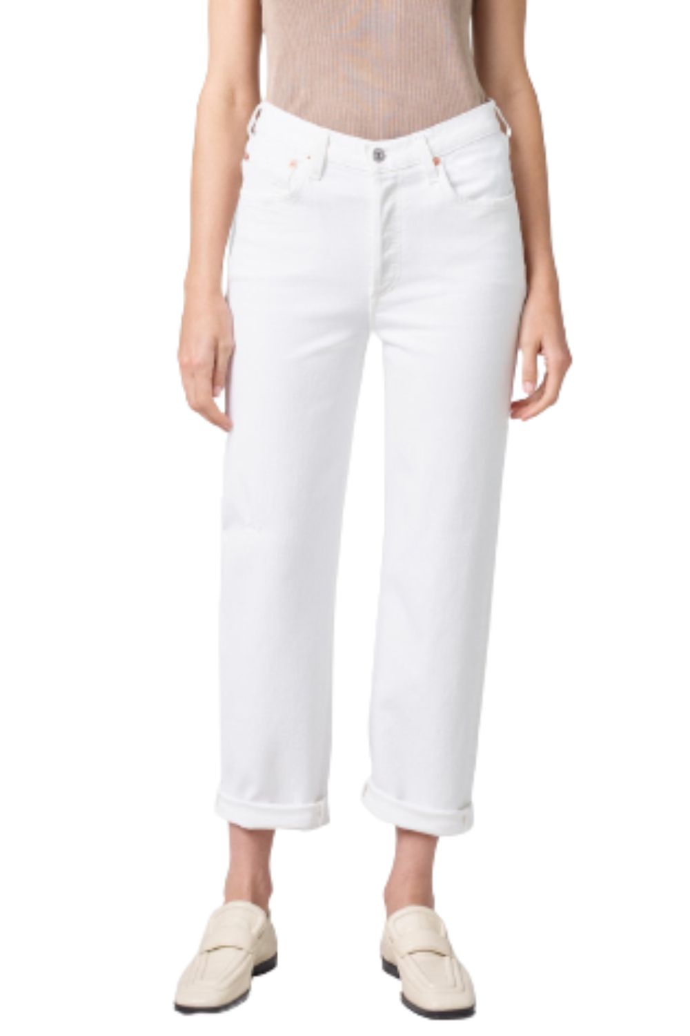 Citizens Of Humanity Jeans Womens White Dylan Straight Rolled Crop High Rise