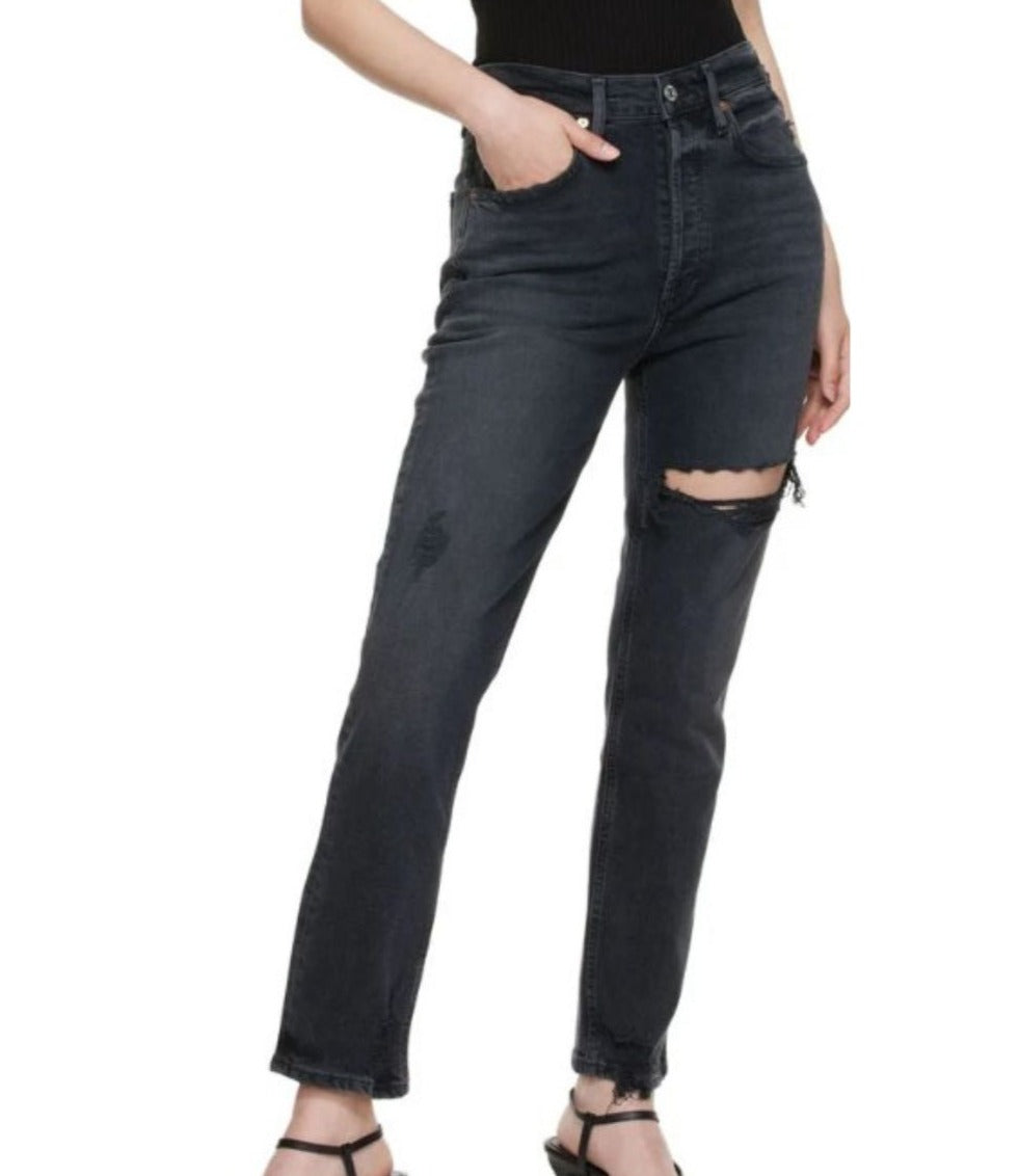 Citizens of Humanity JoleneJeans Womens Black High Rise Button Fly Straight Destroy