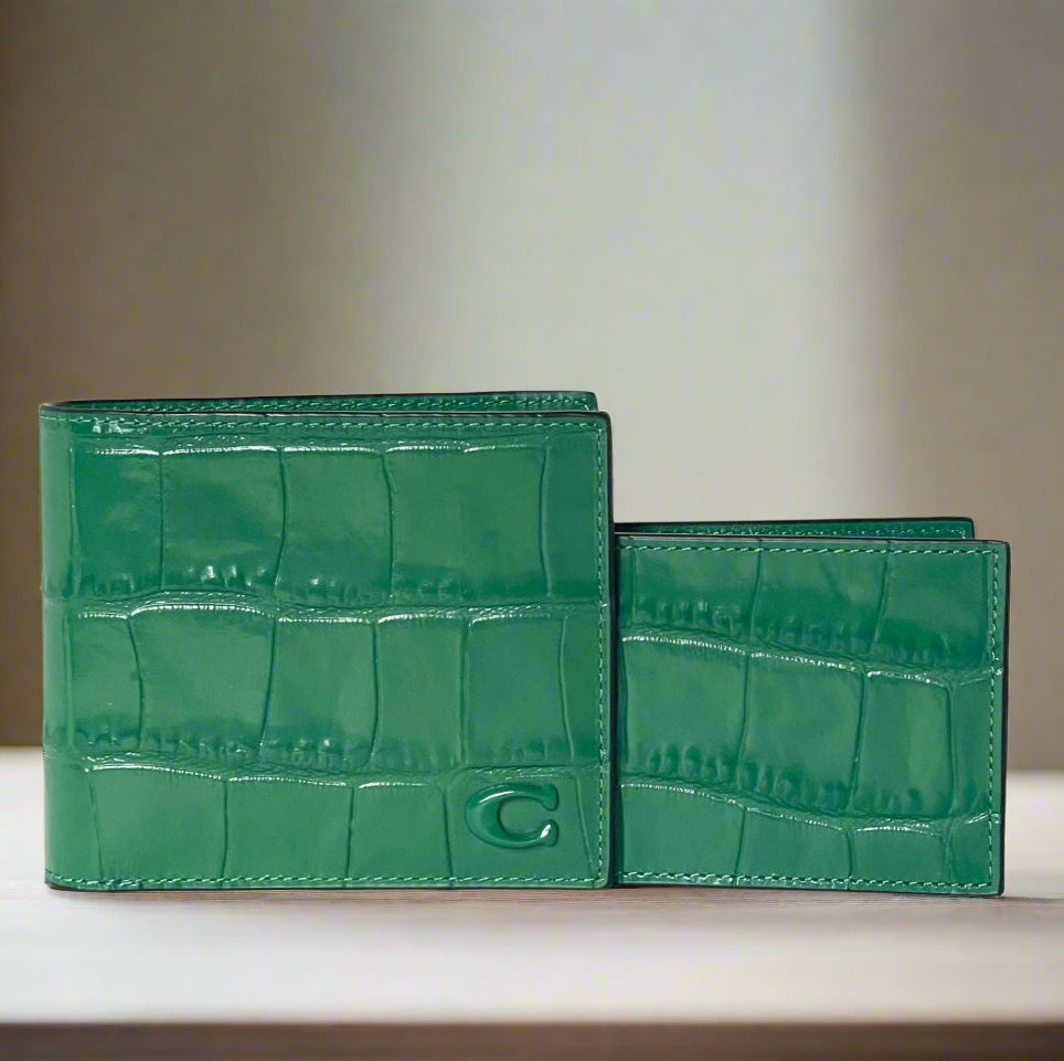 Coach Mens CW439 Green Croc Embossed Leather 3-in-1 ID Billfold