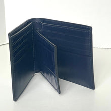 Load image into Gallery viewer, Blue leather wallet open on a white background