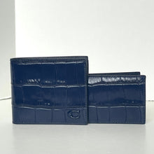 Load image into Gallery viewer, Two blue leather wallets with a crocodile texture on a white background