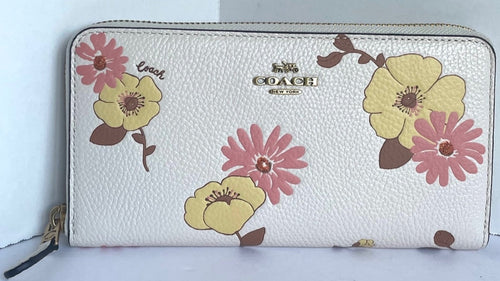 Coach Accordion Zip Wallet Womens Leather C9014 Floral 70s Print Slim Off White
