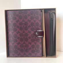 Load image into Gallery viewer, Purple patterned leather product with a silver buckle and zipper in a box on a white background