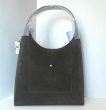 Load image into Gallery viewer, Black suede handbag with a clear plastic cover on a white background