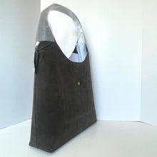 Load image into Gallery viewer, Brown handbag with gray interior on a white background