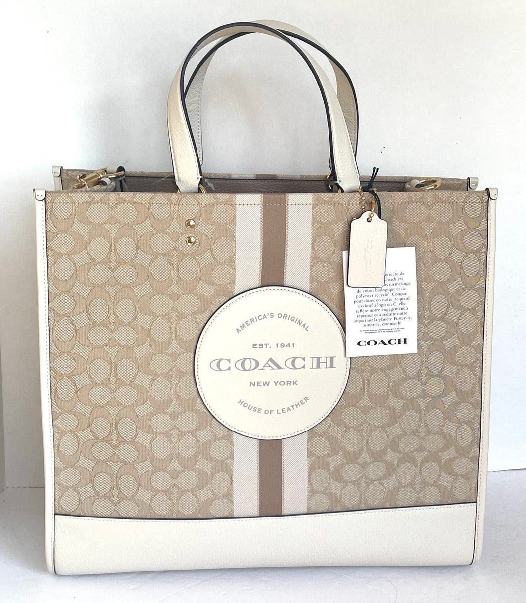 Coach C8418 Dempsey Tote 40 Signature Jacquard Stripe Leather Patch Beige