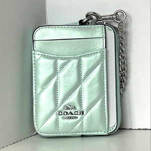Coach CBL77 Quilted Zip Card Case Pearlized Leather ID Wallet Chain Strap ORGPKG