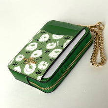 Load image into Gallery viewer, Green floral-patterned wallet with a gold chain on a white background