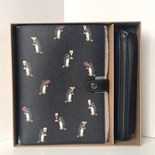 Load image into Gallery viewer, Black leather wallet with penguin design in a box