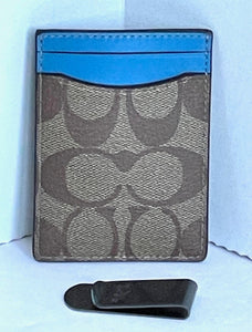 Coach CF341 3 In 1 Card Case Money Clip Blue Signature Canvas Leather Gift Set