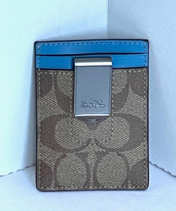 Coach CF341 3 In 1 Card Case Money Clip Blue Signature Canvas Leather Gift Set
