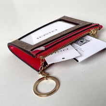 Load image into Gallery viewer, Red and gold wallet with keychain on a white background