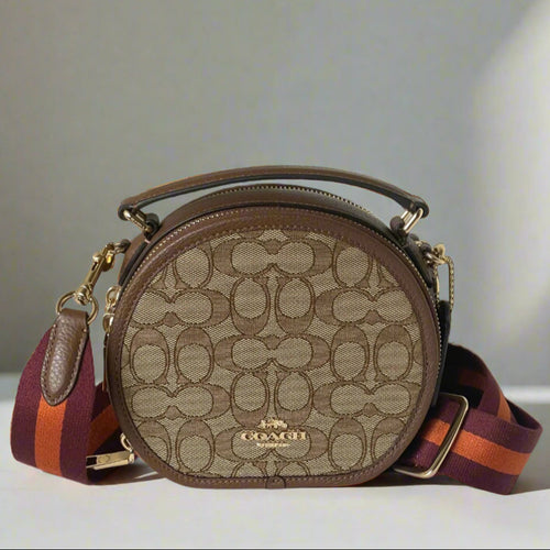 Coach Canteen Round Jacquard Crossbody CO986 Brown Leather Signature Double Zip