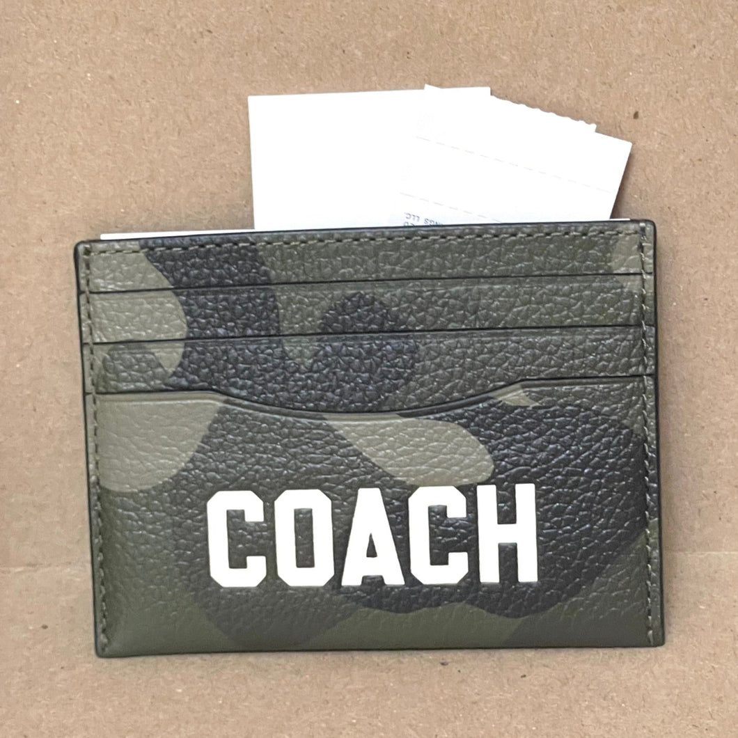 Coach Card Case Camo CZ002 Pebbled Leather Coach Graphic Slim Wallet Green