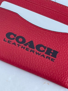 Coach Card Case Mens Red Leather Slim Wallet Pebbled Graphic 6697