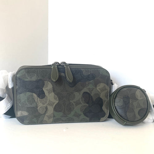 Camouflage-patterned handbag with a round pouch on a white background