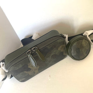Camouflage-patterned pouch and round pouch on a white surface